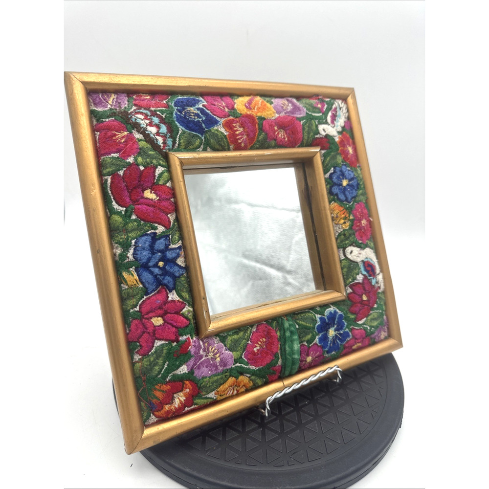 Vintage Mid Century Needlepoint Floral Birds Mirror Embroidery